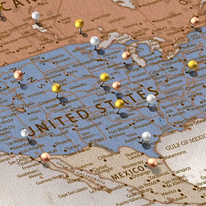 ElephantStock - Personalized Journey V Push Pin World Map Wall Art - Horizontal Canvas Wall Art - Living Room Wall Decor - Digital Art Map Canvas Art - Beige And Orange Decor - 24" x 16"