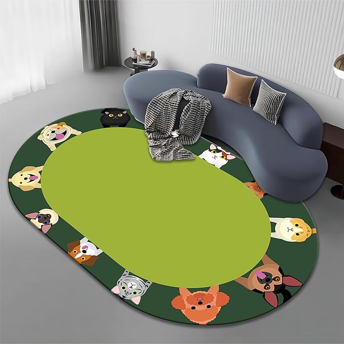Cat and Dog Kids Area Rug, 3x5ft, Children's Pet Print Oval Rugs, Children's Educational Learning Animal Play Mat for School Classroom, Non-Slip Washable Green Carpet for Nursery Bedroom