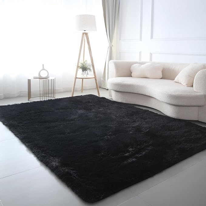 CAIYUECS Shag Area Rug,Indoor Ultra Soft Plush Rugs for Bedroom Living Room, Non-Skid Modern Nursery Faux Fur Rugs for Kids Room Home Decor (4x6 Feet, Black)