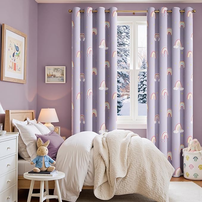 jinchan Nursery Blackout Curtains for Kids Room Rainbow Purple Curtains Cute Girls Bedroom Dorm Playroom Window Treatment Grommet Thermal Insulated Room Darkening 2 Panels 63 Inch Length