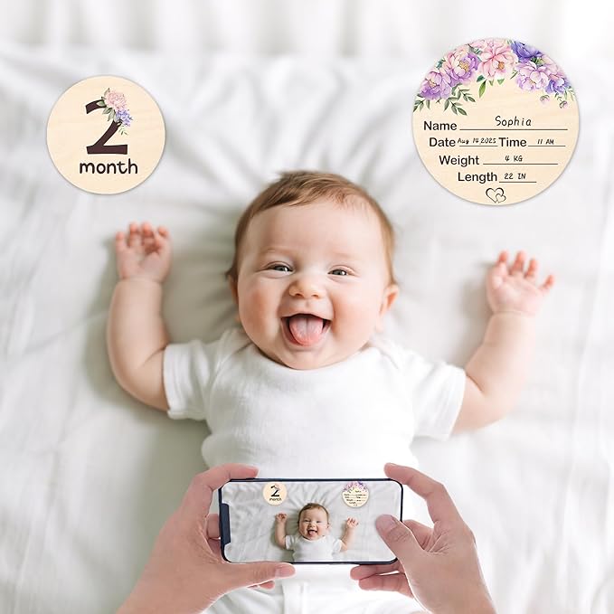 Baby Monthly Milestone Cards - 13pcs Wooden Double Sided Flower Monthly Milestone Signs, Birth Announcement Sign for Photo Props, 1-12 Months Newborn Milestones Cards, Baby Shower Party Gifts Marker