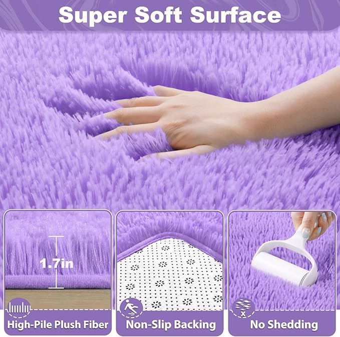 EVOIONOS 5x7 Washable Large Area Rug for Living Room, Fluffy Shag Rug for Bedroom, Ultra Soft Plush Non Slip Carpet for Indoor Floor Bedside Nursery Kids Girls Room Dorm, Home Decor Aesthetic, Purple