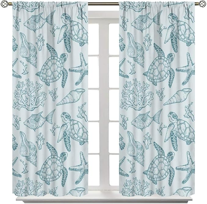 Turtle Starfish Curtains,Coral Starfish Seashell Beach Sea Seashell Theme Pattern Blackout Print Home Bedroom Living Room Window Treatmen 2 Panel Set 42x54 Inch