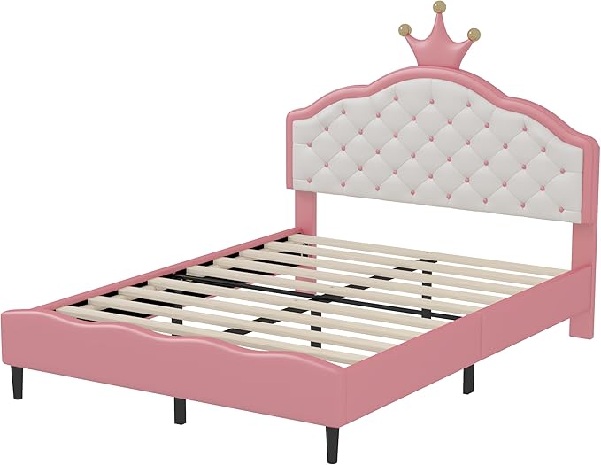Bellemave Full Size Princess Bed Frame with Lovely Crown Shaped Headboard for Girls,Upholstered Platform Bed with Slats Support,Twin Girls Bed,Pink Cream