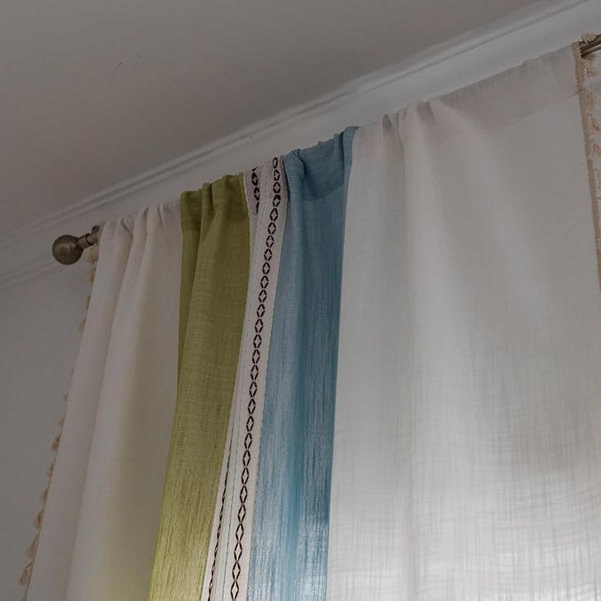 Deeprove Boho Linen Curtains 72 inch for Bedroom Living Room, Semi Blackout Country Rustic Tassels Window Treatment Bohemian Embroidery Drape Rod Pocket 1 Panel 52" W x 72" L, Blue and Sage Green