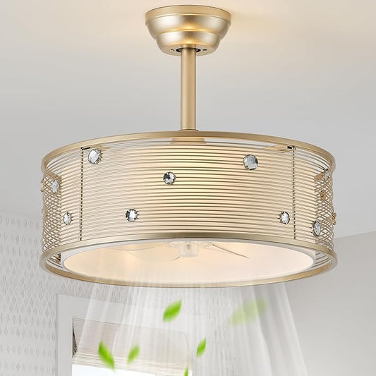 20" Gold Fandelier Ceiling Fan with Light, Gold Chandelier Ceiling Fans with Lights Remote Control, Caged with 6 Speeds for Bedroom, Living Room, Nursery