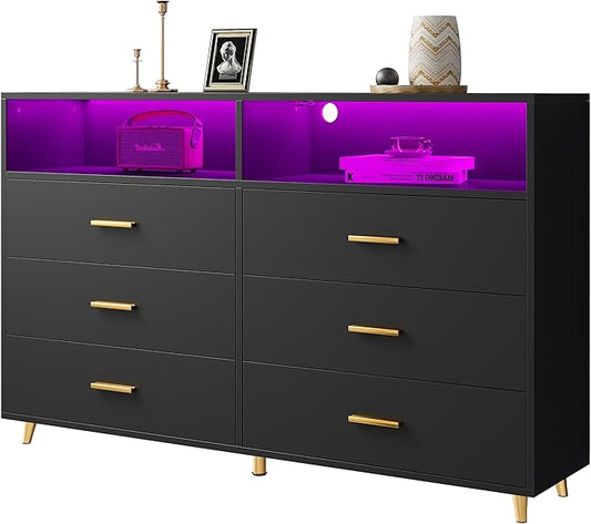 Black Dresser with LED Lights, Wood Dresser for Bedroom with 6 Wide Large Drawers,2 Open Shelves Top, Elegant Chest of Drawers for Living Room Hallway Entryway, 47.2" W