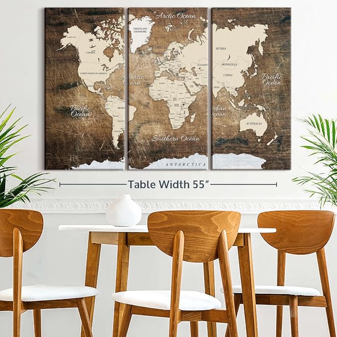 ElephantStock Aged Brown World Map I Wall Art - 3 Piece Canvas World Map Wall Decor - Ready-to-Hang Canvas Print - Vintage Wall Art - 57" X 36"