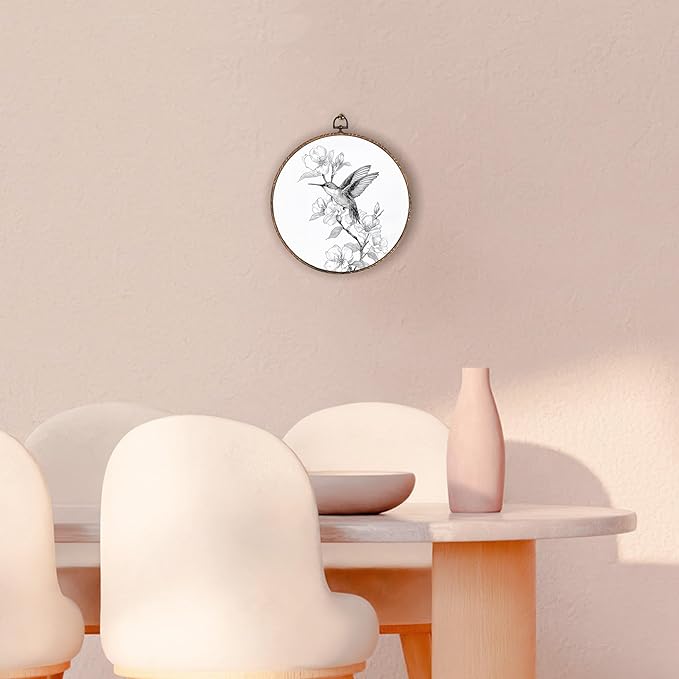 Retro Hummingbird Round Wall Art Framed, Vintage Floral Bird Round Wall Decor, Sketch Bird Hanging Canvas Prints Wall Sculptures for Farmhouse Home Bedroom Decor, 10x10 Inch