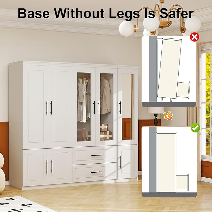 5 Door Armoire Wardrobe Closet with Mirror: Wood Wardrobe Closet Combination Bedroom Armoire 2 Drawer with Hanging Rods Glass Door for Home/Bedroom/Living Room White