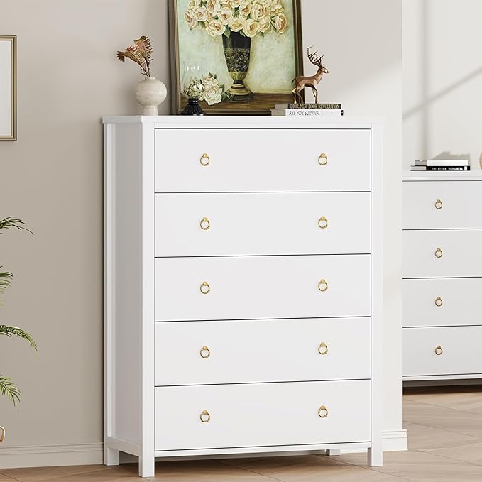 IDEALHOUSE Dresser for Bedroom with 5 Drawers, 45'' Tall Chest of Large Drawers with Large Clothes Storage Cabinet, Wood Bedroom Dresser, TV Stand for Nursery, Living Room, Enterway, White