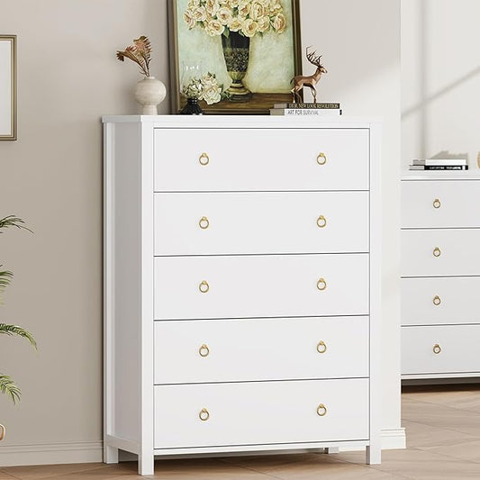 IDEALHOUSE Dresser for Bedroom with 5 Drawers, 45'' Tall Chest of Large Drawers with Large Clothes Storage Cabinet, Wood Bedroom Dresser, TV Stand for Nursery, Living Room, Enterway, White