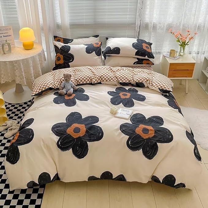 Houseri Black Floral Duvet Cover King 3D Sunflower Beige White and Black Bedding Duvet Cover King Size Girls Kawaii Dorm Comforter Cover Soft Women Flowers Duvet Covers Black Brown Plaid King