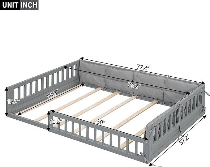 Full Size Upholstered Floor Bed with Guardrail, Montessori Platform Bed Frame for Kids and Toddlers, Wood Slat Support, No Box Spring Needed (Grey+ Solid Wood + MDF + Al)