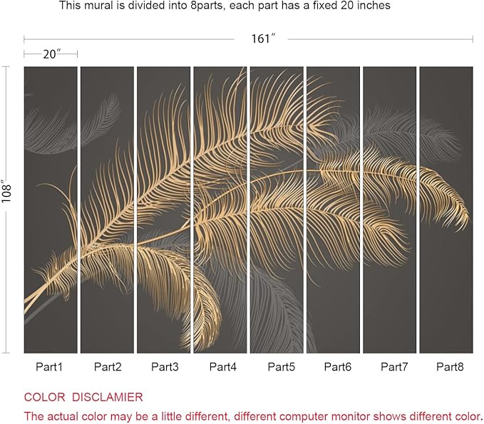 Black and Gold Feather Wallpaper Huge Banana Leaf Mural Wallpaper for Bedroom Living Room TV Background (Not Peel n' Stick)