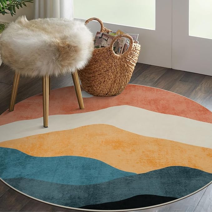 Abstract Round Rug for Bedroom 4ft, Faux Wool Soft Area Circle Area Rug, Boho Washable Low Pile Classroom Rugs, Carpet for Living Room Sofa Bathroom Nursery Kids Room Decor
