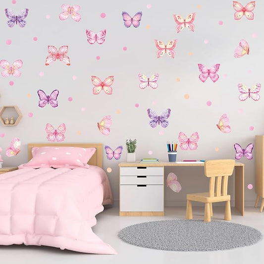 Pink Butterfly Wall Stickers,Butterflies with Plot Dots Vinyl Wall Decals, Removable Butterfly DIY Wall Art for Girl Bedroom Nursery Room Decor