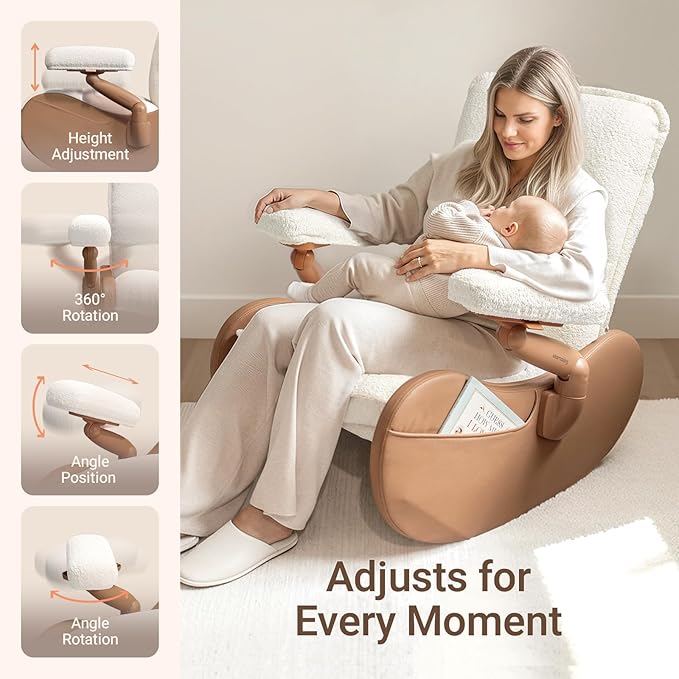 MAMAZING Nursery Rocking Chair Glider with Ottoman for Breastfeeding, Upholstered Nursing Chair with Removable Cover for Mom and Baby, Reading Chair for Bedroom, Living Room(Brown/Beige)