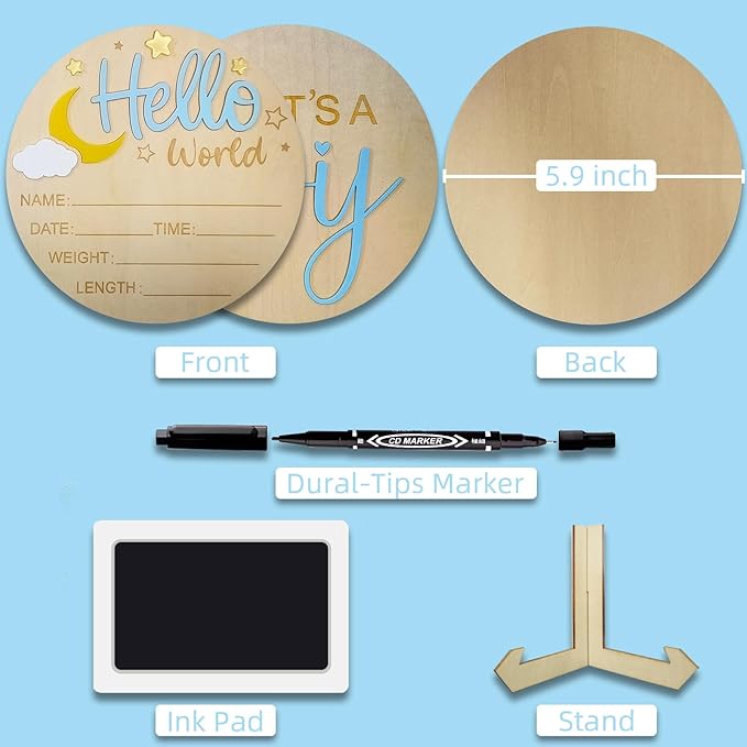2Pcs Baby Announcement Sign Set, 5.9 Inch Hello World Newborn Sign and IT’S A Boy Welcome Signs, Baby Name Sign with Ink Pad for Hand & Footprints, 3D Wooden Birth Gifts for Hospital Shower Nursery