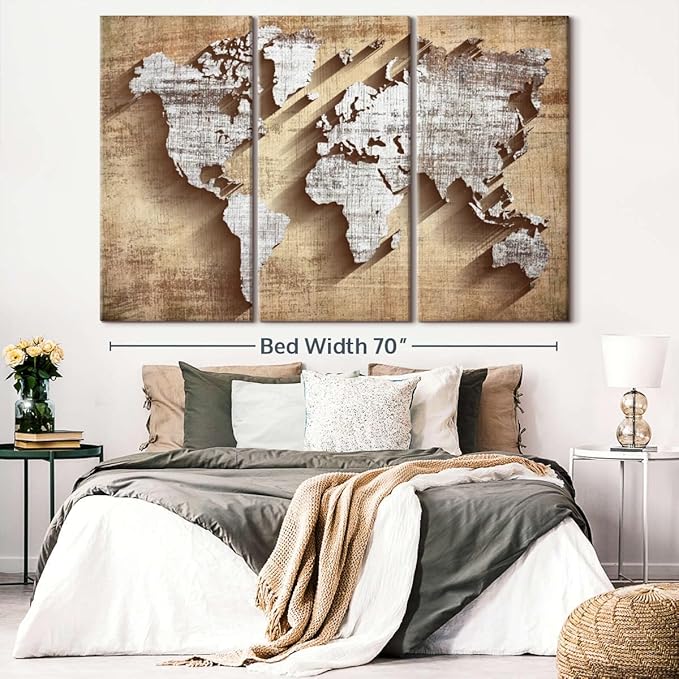 ElephantStock Dimensional World Map II Multi Piece Canvas - 3 Piece Canvas World Map Wall Decor - Wall Decor, Ready-to-Hang Print - Vintage Wall Art - 74" X 48"