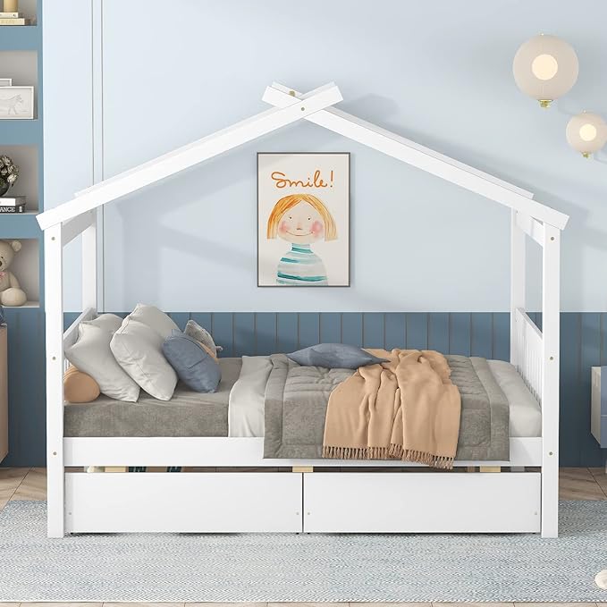 Harper & Bright Designs Full Size House Bed for Kids With Two Drawers, Wooden Frame With Storage, Roof Design for Girls Boys, White