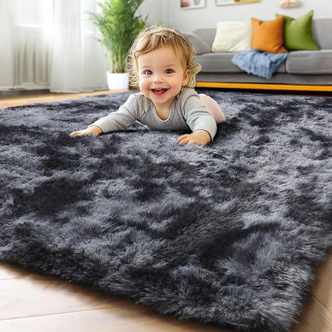 ONASAR 8x10 Area Rugs for Living Room, Tie-Dyed Dark Grey Fluffy Shag Large Bedroom Rug, Black Gray Washable Soft Plush Thick Floor Big Indoor Carpet for Nursery Kids Boys Girls Teen Dorm Home Decor