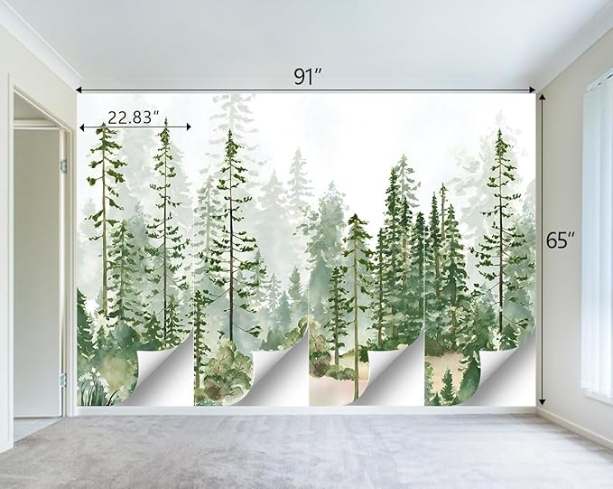 Boys or Girls Cartoon Pine Tree Forest wallpeper Nursery Kids Bedroom Wall Mural - 91"x65"（Not Peel and Stick）