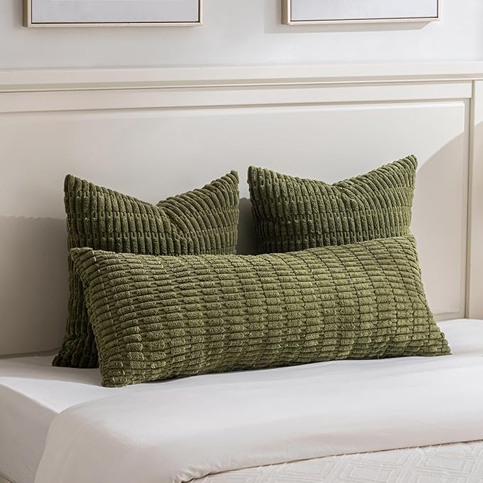 Fancy Homi 2 Packs Boho Moss Green Decorative Throw Pillow Covers 24x24 Inch for Couch Bed Sofa, Rustic Modern Farmhouse Home Decor, Soft Plush Corduroy Cute Square Cushion Case 60x60 cm