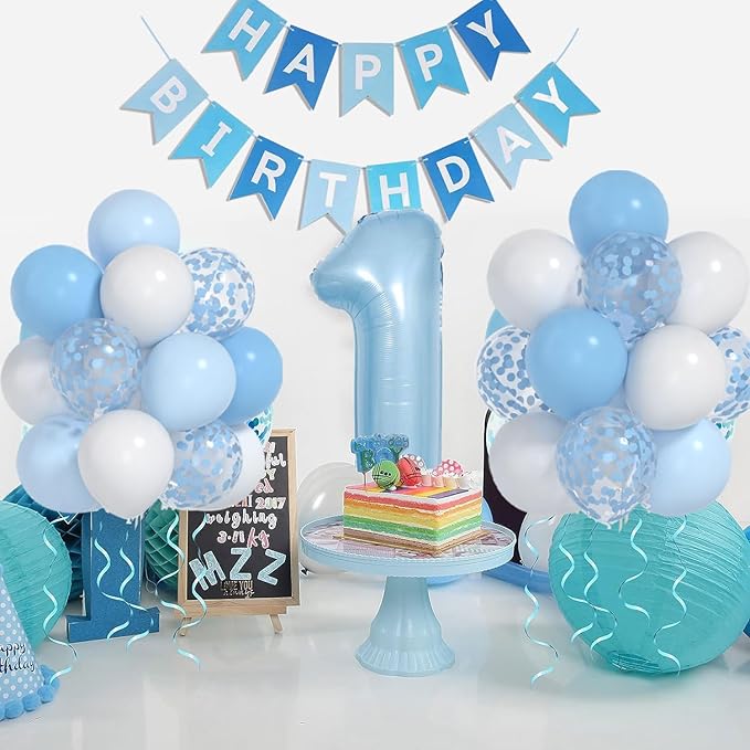 Baby Blue White Balloons And 40inch 1 Balloon, First Birthday Decorations For boy With blue White Confetti Balloons, Happy Birthday Banner Large 1 Balloon For Baby Boys Birthday Party Decorations