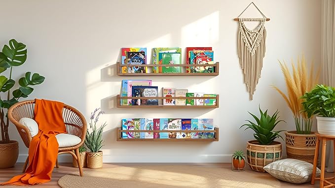 AZSKY Light Walnut Nursery Book Shelves, 36 Inch Floating Wall Mounted Bookshelf, Kids Room Hanging Shelves, Children Toddlers Toys Books Storage Organizer a Set of 3
