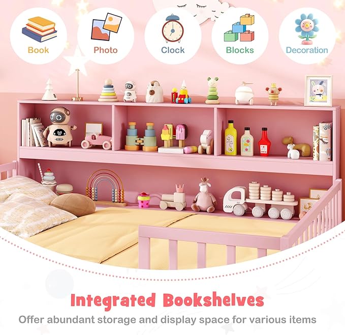 KOMFOTT Full Floor Bed with Bookcase & Shelves, Wood Bed Frame with Bedside Bookshelves & Guardrails, Versatile 2-in-1 Montessori Floor Bed for Kids (Full,Pink)