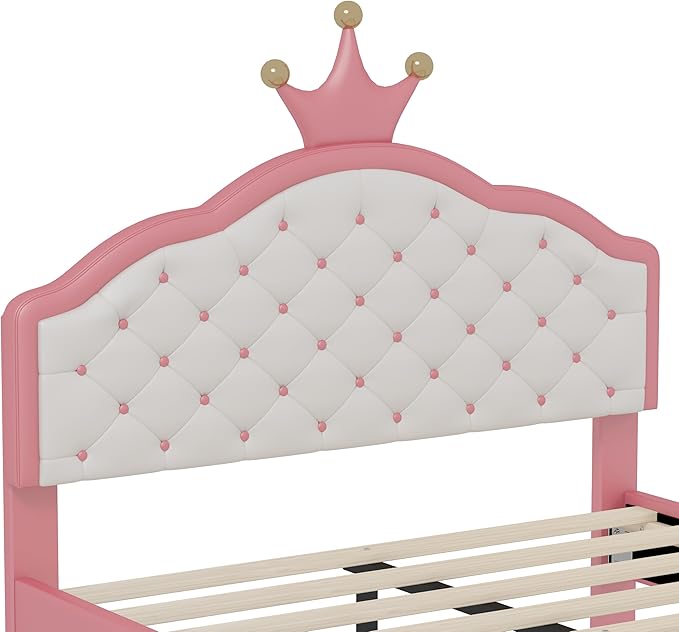Bellemave Full Size Princess Bed Frame with Lovely Crown Shaped Headboard for Girls,Upholstered Platform Bed with Slats Support,Twin Girls Bed,Pink Cream