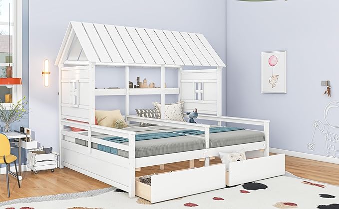 Harper & Bright Designs Twin Size House Platform Beds with Two Drawers for Boy and Girl Shared Beds, Combination of 2 Side by Side Twin Size Beds,White