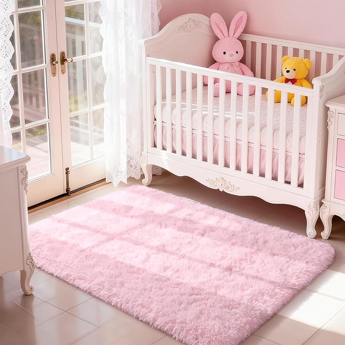 Merelax Soft Modern Indoor Shaggy Area Rug for Bedroom Livingroom Dorm Kids Room Home Decorative, Non-Slip Plush Fluffy Furry Fur Rugs Comfy Nursery Accent Floor Carpet 3x5 Feet, Pink