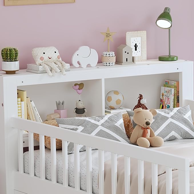 Wood Twin Size Platform Bed with Safety Fence for Kids Boys Girls, Platform Bed Frame with Practical Headboard and 2 Under-Bed Drawers, Sturdy Slats Support (White-3.15)