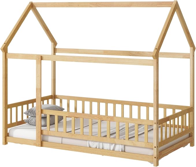Ball & Cast Twin Size Floor Bed,Montessori Bed with Roof & Safety Guardrails Design,Wooden Toddler House Bed Frame W/Open Door,for Girls Boys,Natural