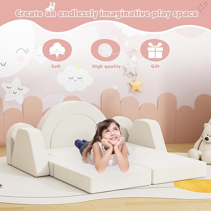 12 PCS Modular Kids Play Block Couch Child Sectional Soft Sofa Toddler Building Fortplay Climbing Bedroom Playroom Baby Convertible Floor Foam Cushion for Boys & Girls (Cream+Double Seat-1)
