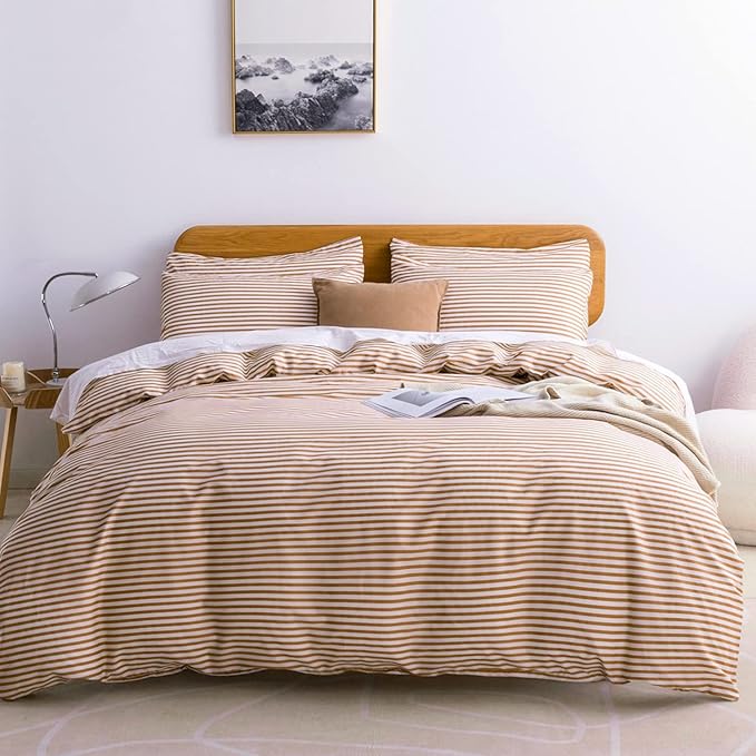 JELLYMONI Cal King Duvet Cover Set, Cotton Duvet Cover 3 Pieces with Zipper Closure, 1 Duvet Cover and 2 Pillowcases(White with Rust Striped)
