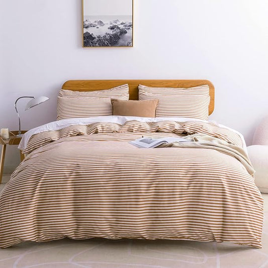 JELLYMONI King Duvet Cover Set, Cotton Duvet Cover 3 Pieces with Zipper Closure, 1 Duvet Cover and 2 Pillowcases(White with Rust Striped)