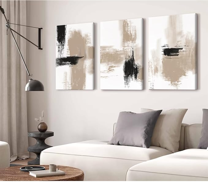 Beige Abstract Wall Art Painting Set of 3 Framed Neutral Canvas Wall Art Prints Black Beige Modern Wall Decor Minimalist Art Pictures Abstract Modern Artwork for Room Bedroom 16x24 Inch