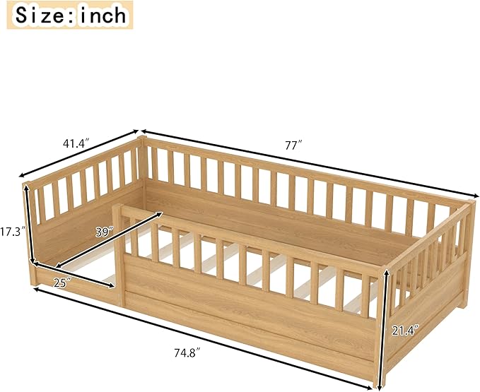 Bellemave Kids Montessori Floor Bed,Twin Size Floor Bed with High Fence and Door,Twin Bed Frame with Guardrails for Kids,Girls,Boys,Twin,Natural
