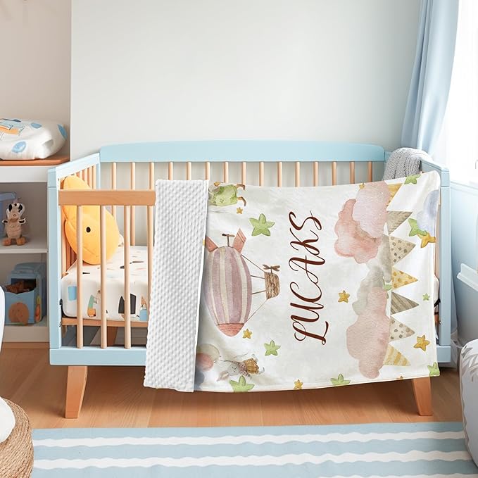 Personalized Baby Blanket for Girls, Custom Name Blanket for Newborn New Mom , Soft Flannel with Double Layer Dotted Backing, Gifts for Baby Shower Christmas Birthday, Hot Air Balloons(47"x60)