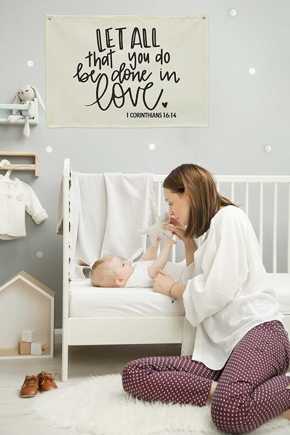 Nursery Wall Decor-Rectangular Canvas Banner Flag Wall Decor for Baby Boy Girl,Above Crib Bedroom Playroom Reading Room Decor-Birthday Baby,Shower Christmas Gift-Let All That You Do Be Done in Love