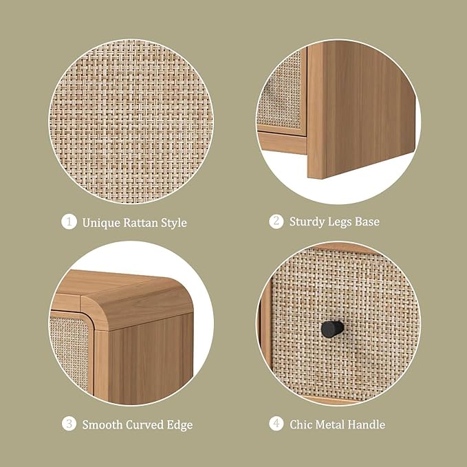 Oak&Sparrow 7 Drawer Dresser for Bedroom, 49'' Rattan Dresser with Ample Storage, Boho Chest of Drawers, Thickened Curved Profile Design, Oak Dressers for Bedroom, Living Room