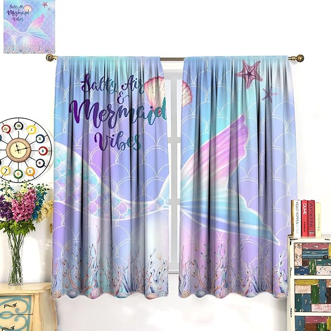 Fantasy Mermaid Curtain Colorful Rainbow Fish Tail Ocean Theme Beautiful Kids Window Treatment for Girls Bedroom Nursery Room Decor Rod Pocket Window Drapes 63x72in