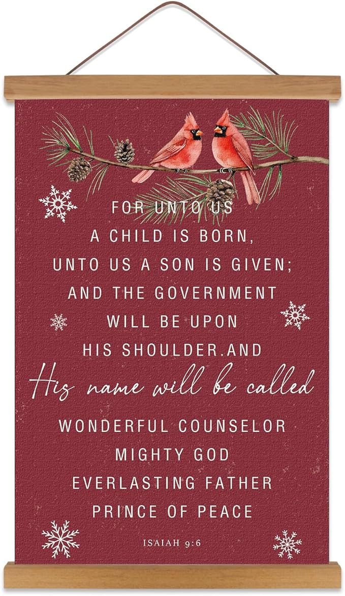 KAIRNE Christmas Canvas Wall Art,Christian Poster With Wooden Hanger(13.8”X22”),Bible Verse Wall Decor,Snow Red Bird Picture,Christmas Gift for Friends Family Living Room Bedroom Farmhouse Decor