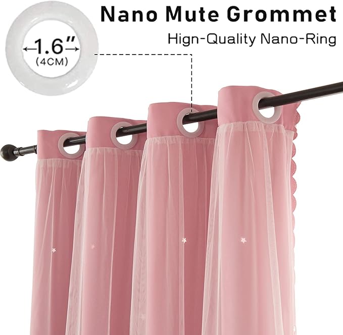 Pink Blackout Curtains for Girls Bedroom Cute- Aesthetic Star Cutout Double Layer with Sheer Overlay, 84 Inches Long, 2 Panels Baby Nursery Curtains Kids Room Decor Drapes