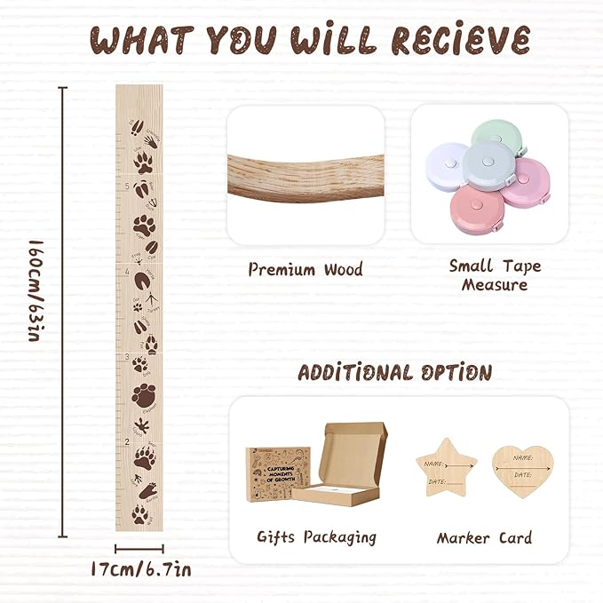 Personalized Growth Chart for Wall, Animal Footprints Height Chart for Kids, Customize Growth Measuring Board for Girls Boys Teen Room Nursery Wall Decor