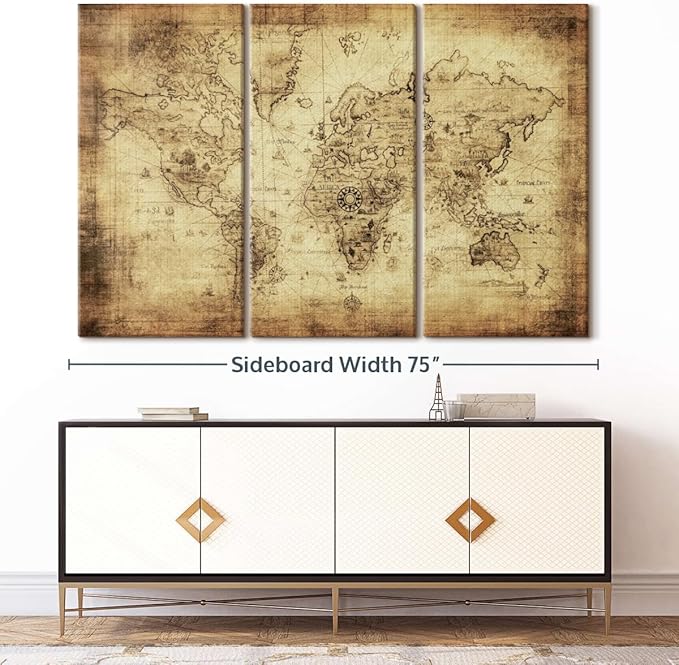 ElephantStock Ancient World Map Wall Art Multi Piece Canvas - 3 Piece Canvas World Map Wall Decor - Wall Decor - Ready-to-Hang Print - Vintage Wall Art - 74" X 48"