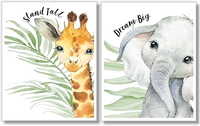 Baby Safari Animals Wall Art Prints - Nursery Decor - Set of 6-8x10 - Jungle Nursery Room Pictures for Baby Girl Boy Kids - Motivational Quotes - Watercolor - Unframed -